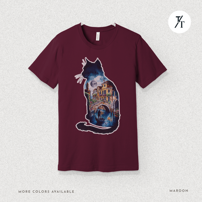 Moonlit Venice Cat Tee – Artistic Nightscape Silhouette Shirt