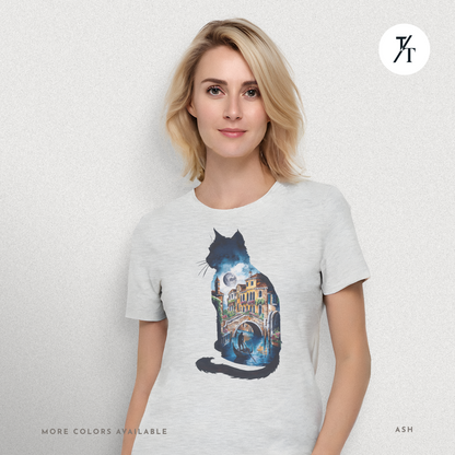 Moonlit Venice Cat Tee – Artistic Nightscape Silhouette Shirt