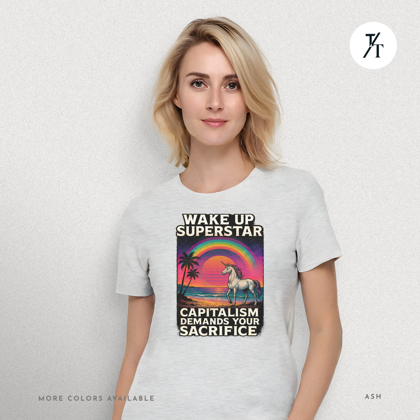 Capitalist Dreamscape: Retro Unicorn Beach, Satirical 80s Graphic Design- Graphic T-shirt
