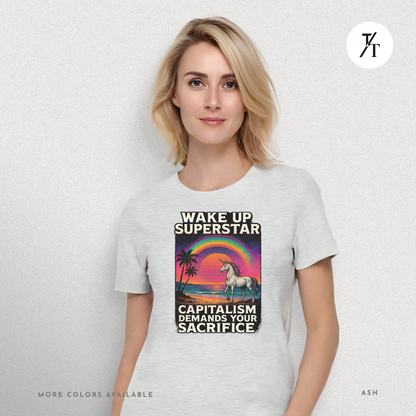 Capitalist Dreamscape: Retro Unicorn Beach, Satirical 80s Graphic Design- Graphic T-shirt