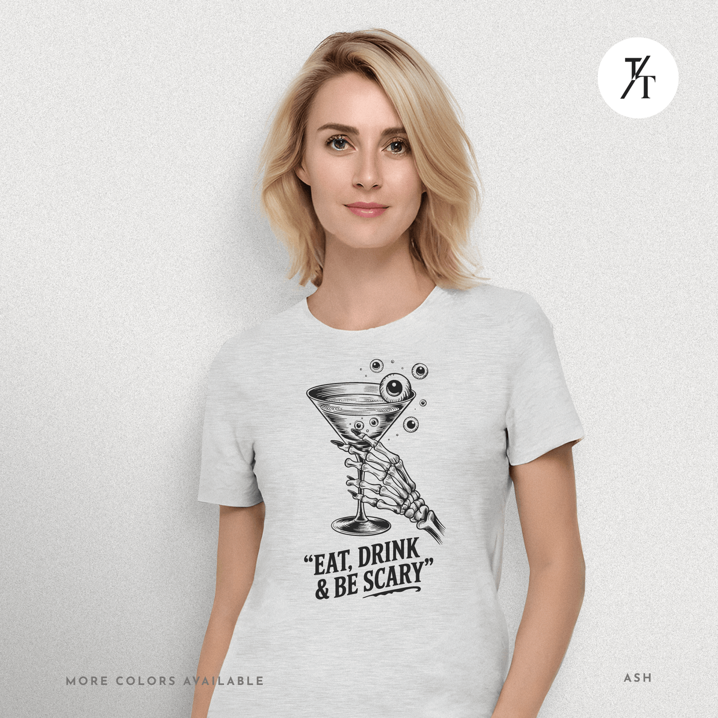 Eat, Drink & Be Scary Tee – Funny Skeleton Halloween Cocktail Shirt