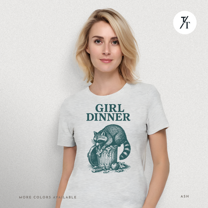 Girl Dinner: Raccoon Scavenging Trash, Vintage Woodcut Style Illustration, Teal and Black Contrast Artwork- Graphic T-shirt