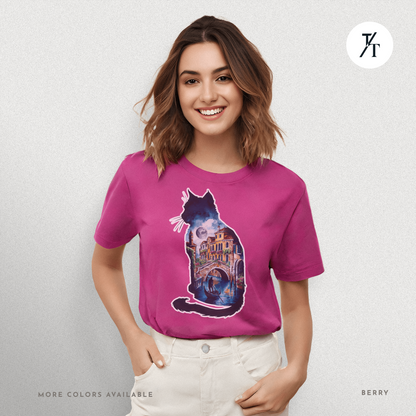 Moonlit Venice Cat Tee – Artistic Nightscape Silhouette Shirt