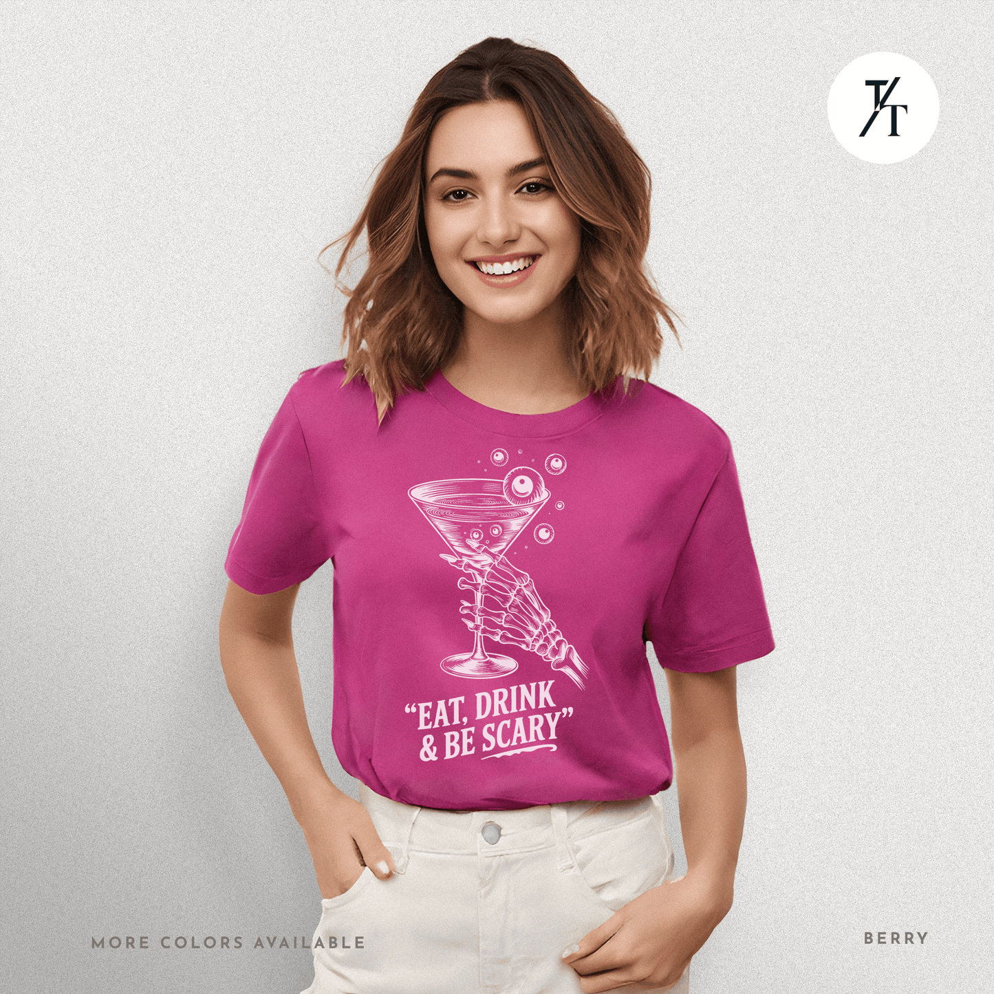 Eat, Drink & Be Scary Tee – Funny Skeleton Halloween Cocktail Shirt