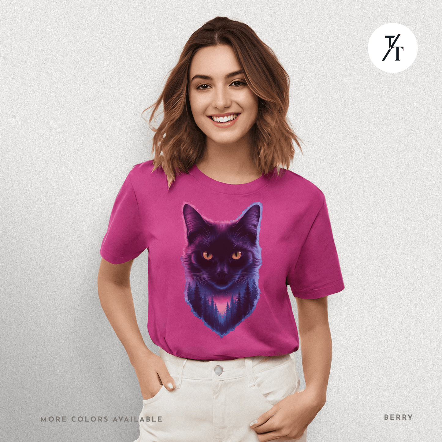 Cosmic Cat Tee – Galactic Forest Nightfall Shirt with Feline Vibes