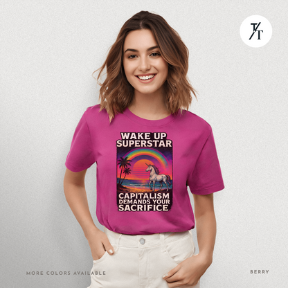 Capitalist Dreamscape: Retro Unicorn Beach, Satirical 80s Graphic Design- Graphic T-shirt