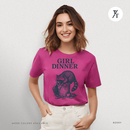 Girl Dinner: Raccoon Scavenging Trash, Vintage Woodcut Style Illustration, Teal and Black Contrast Artwork- Graphic T-shirt