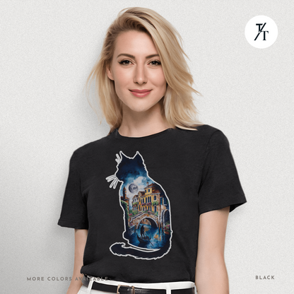 Moonlit Venice Cat Tee – Artistic Nightscape Silhouette Shirt