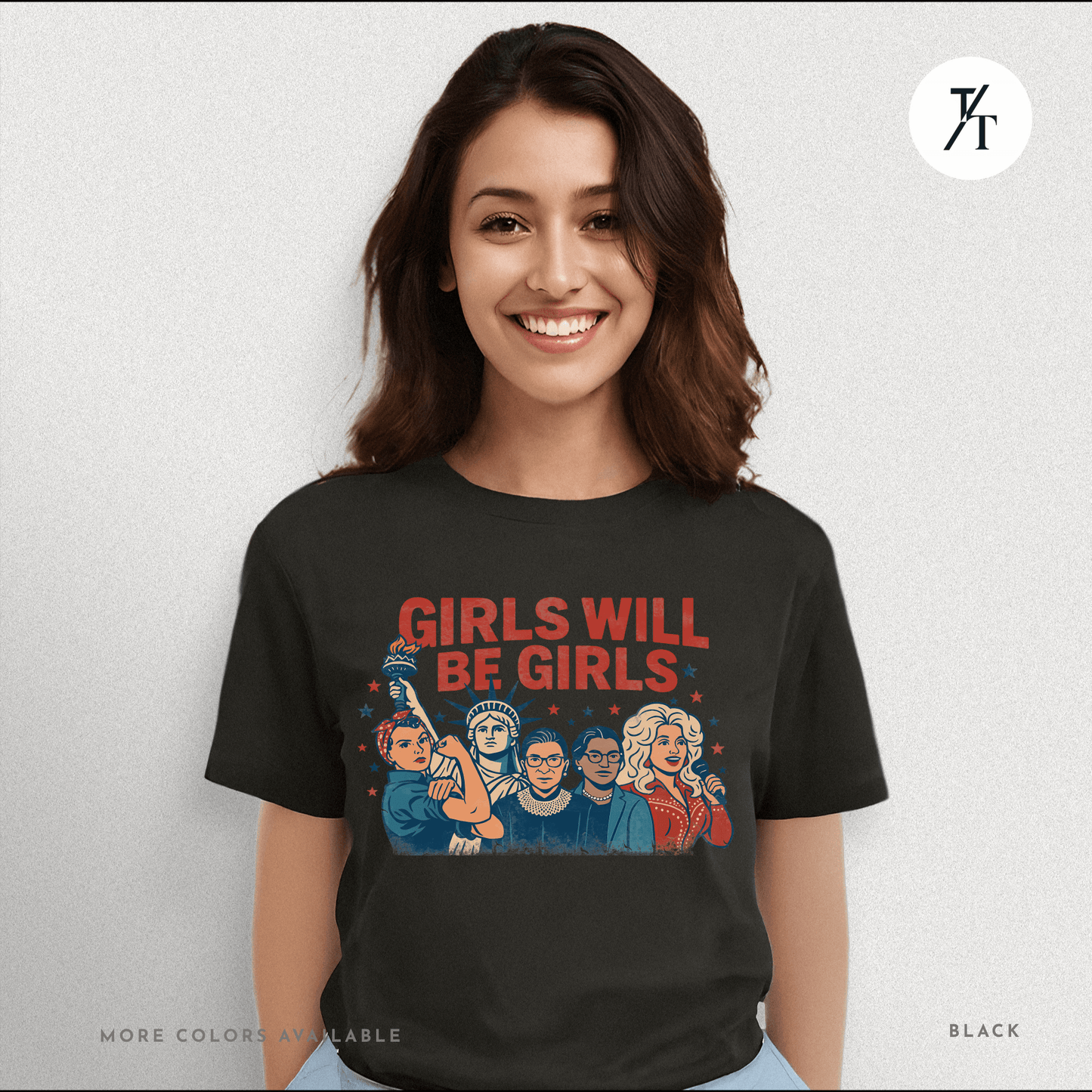 Girls Will Be Girls summer patriotic graphic tee – empowering retro feminist shirt 👊 for the 4th of July