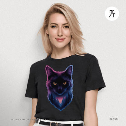Cosmic Cat Tee – Galactic Forest Nightfall Shirt with Feline Vibes