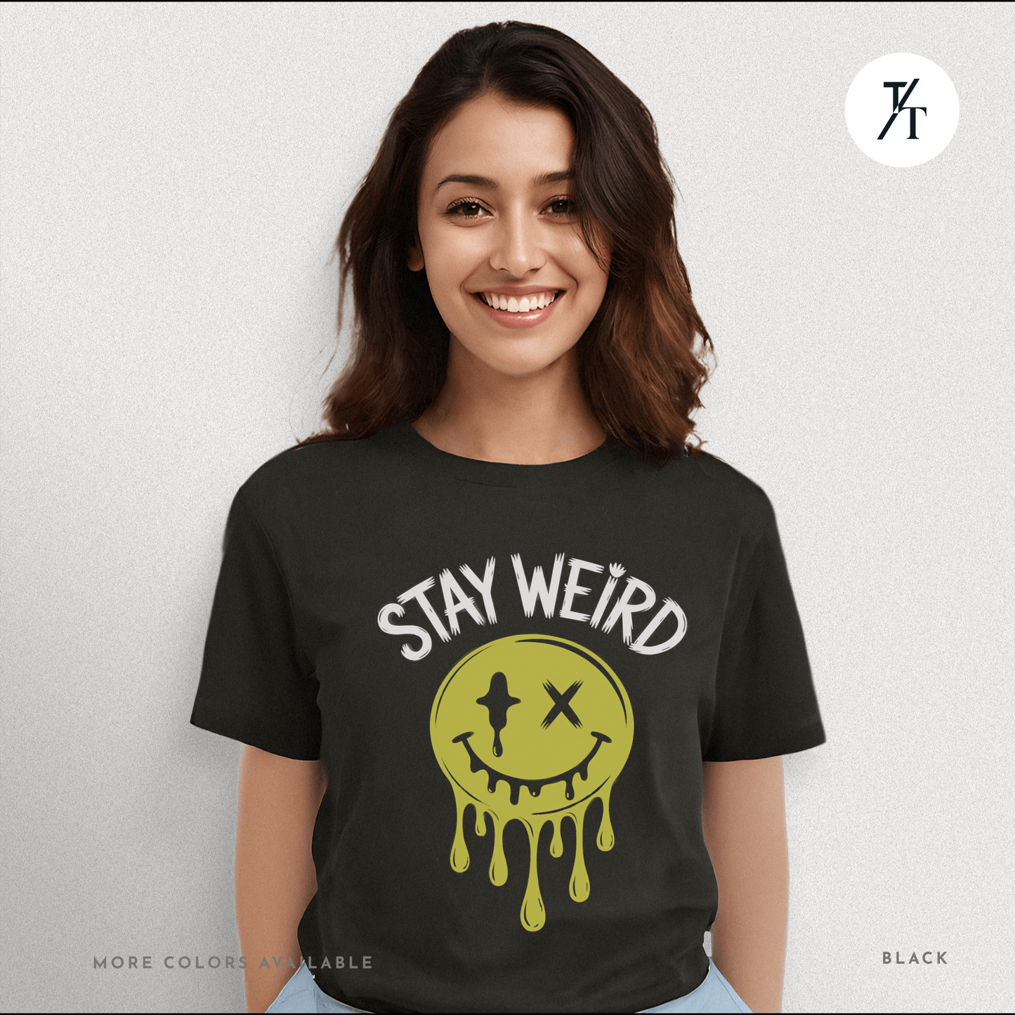 "Stay Weird" Drippy Face Tee, Melting Optimism: Distorted Smiley Face Graphic  Alt Vibe StatementT-shirt