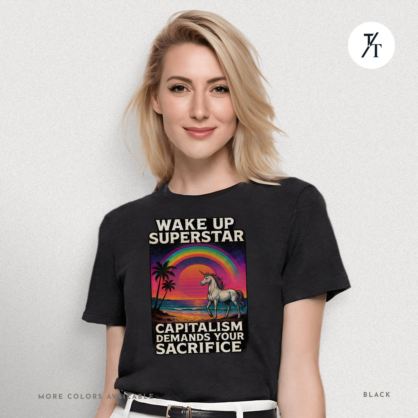 Capitalist Dreamscape: Retro Unicorn Beach, Satirical 80s Graphic Design- Graphic T-shirt