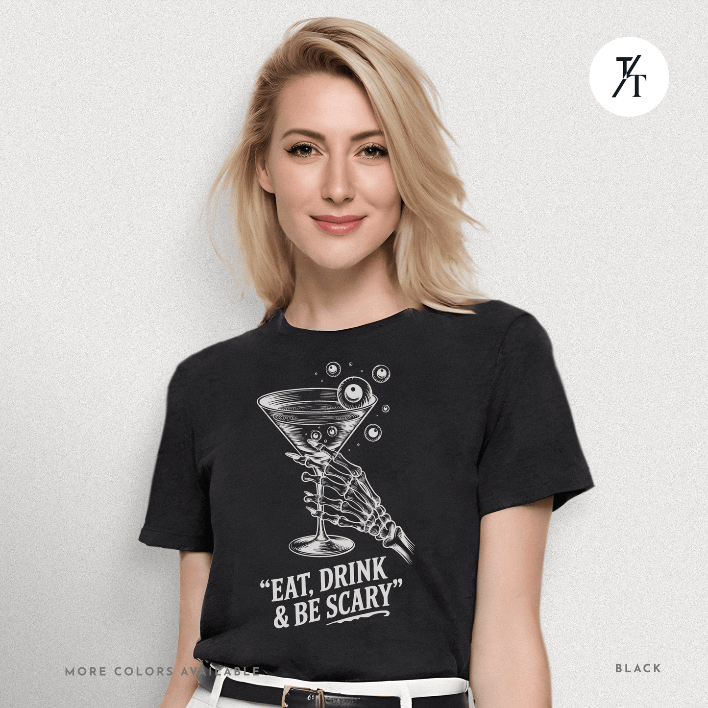 Eat, Drink & Be Scary Tee – Funny Skeleton Halloween Cocktail Shirt