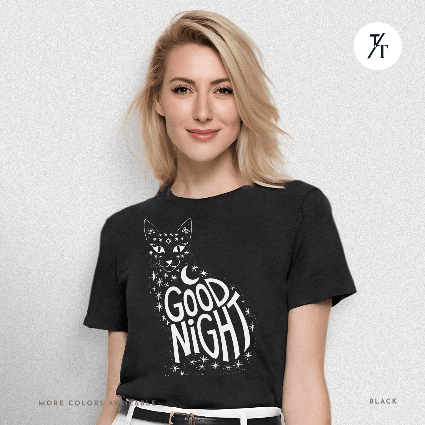 Goodnight Cat Tee – Minimalist Black Cat Moon Silhouette Shirt