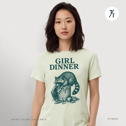 Girl Dinner: Raccoon Scavenging Trash, Vintage Woodcut Style Illustration, Teal and Black Contrast Artwork- Graphic T-shirt