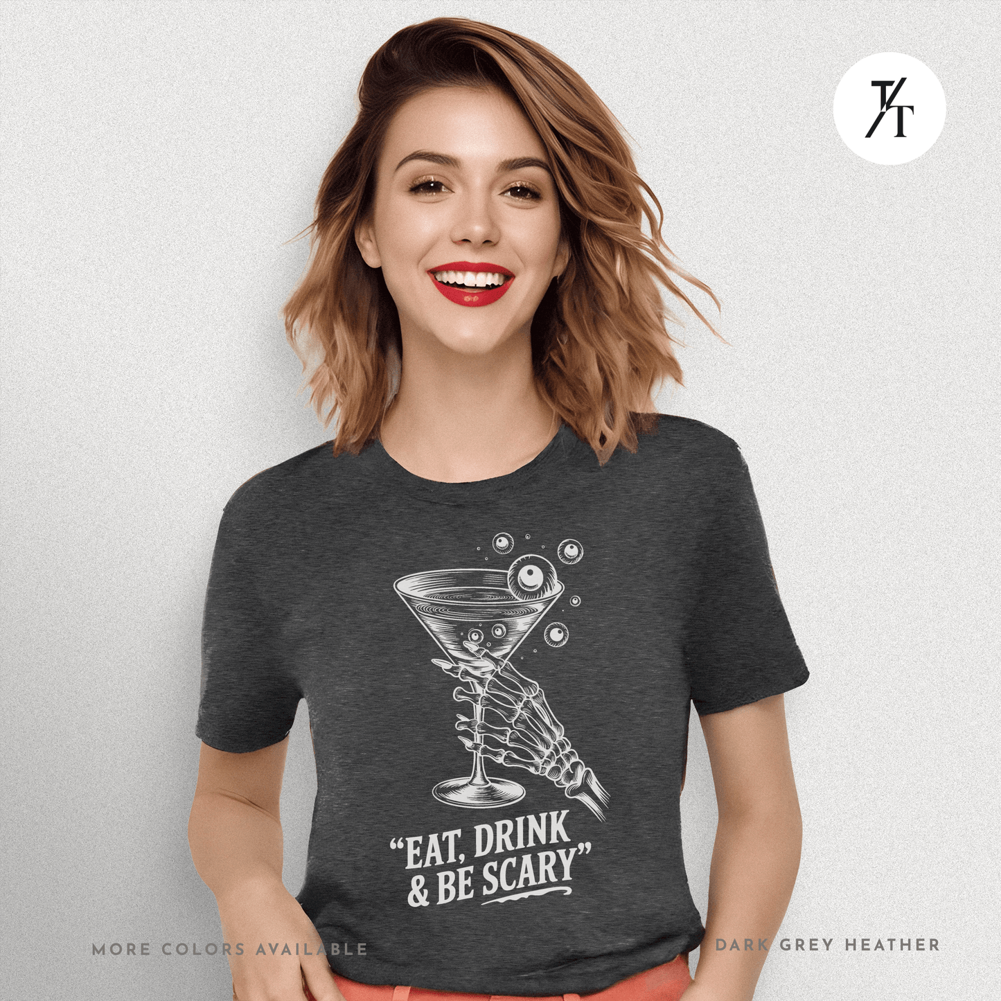 Eat, Drink & Be Scary Tee – Funny Skeleton Halloween Cocktail Shirt