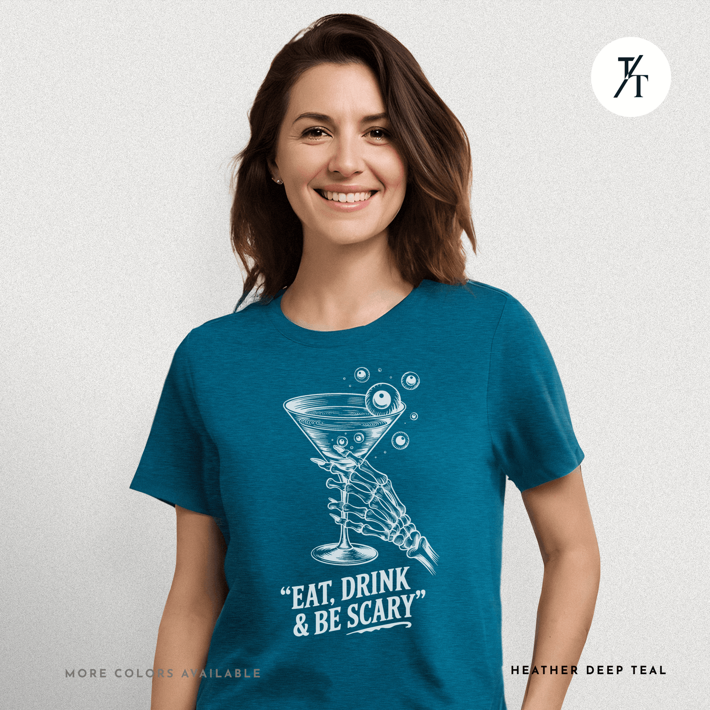 Eat, Drink & Be Scary Tee – Funny Skeleton Halloween Cocktail Shirt