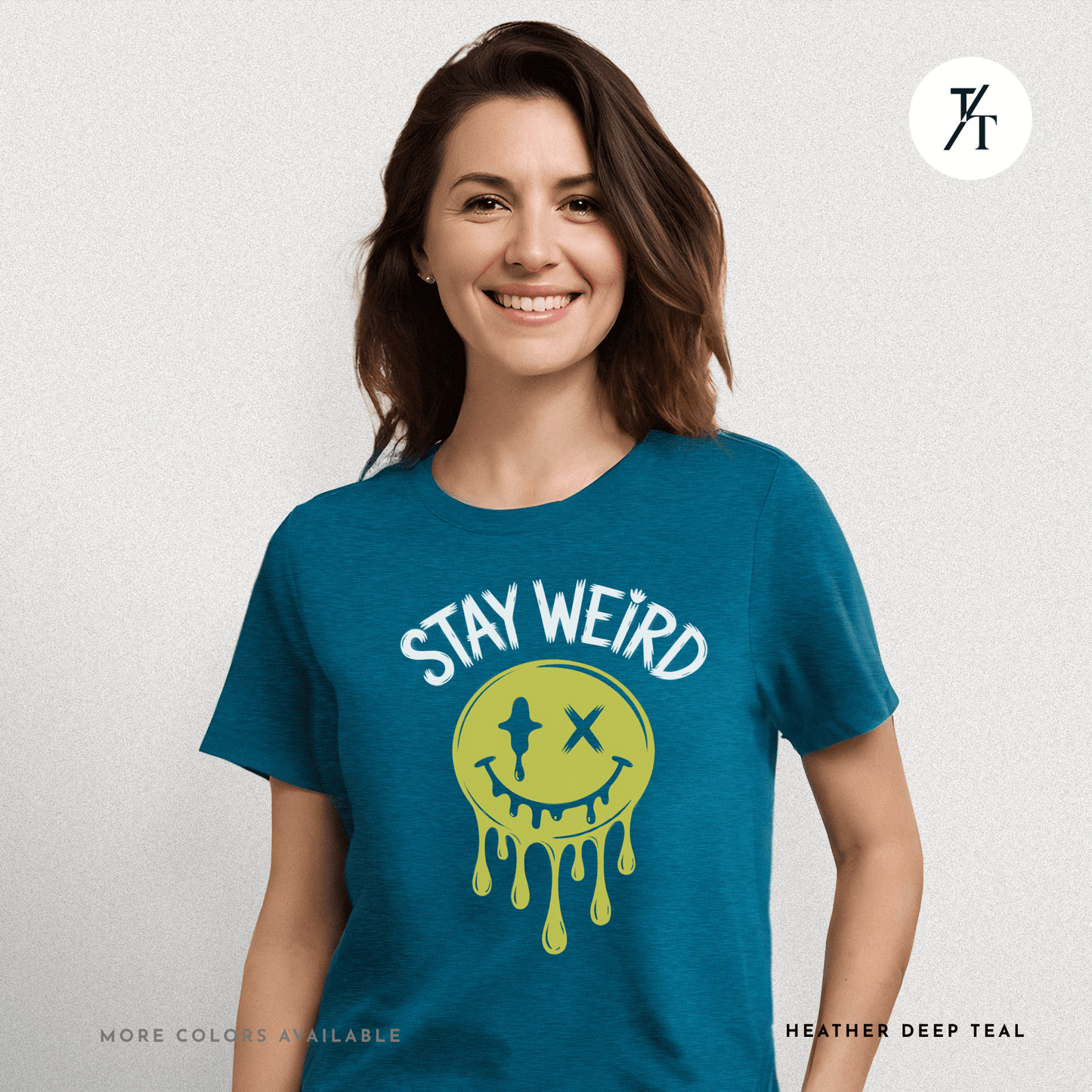 "Stay Weird" Drippy Face Tee, Melting Optimism: Distorted Smiley Face Graphic  Alt Vibe StatementT-shirt
