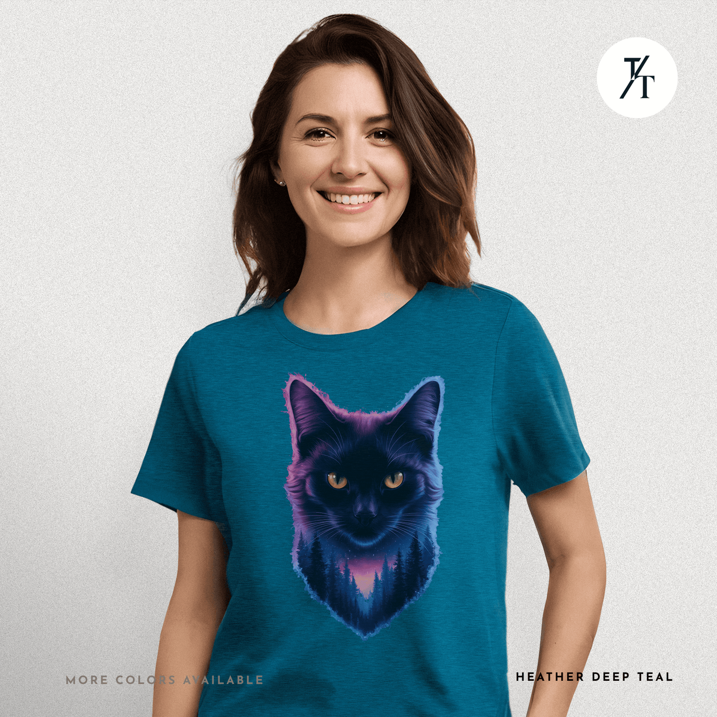 Cosmic Cat Tee – Galactic Forest Nightfall Shirt with Feline Vibes