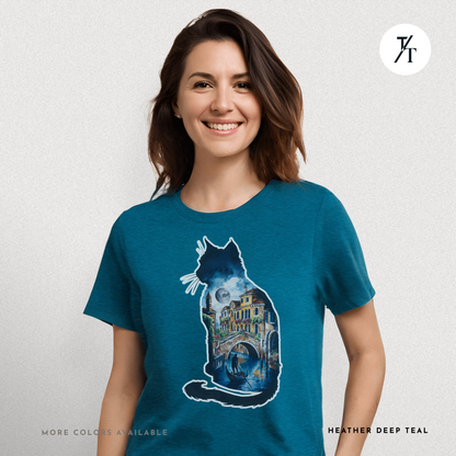 Moonlit Venice Cat Tee – Artistic Nightscape Silhouette Shirt