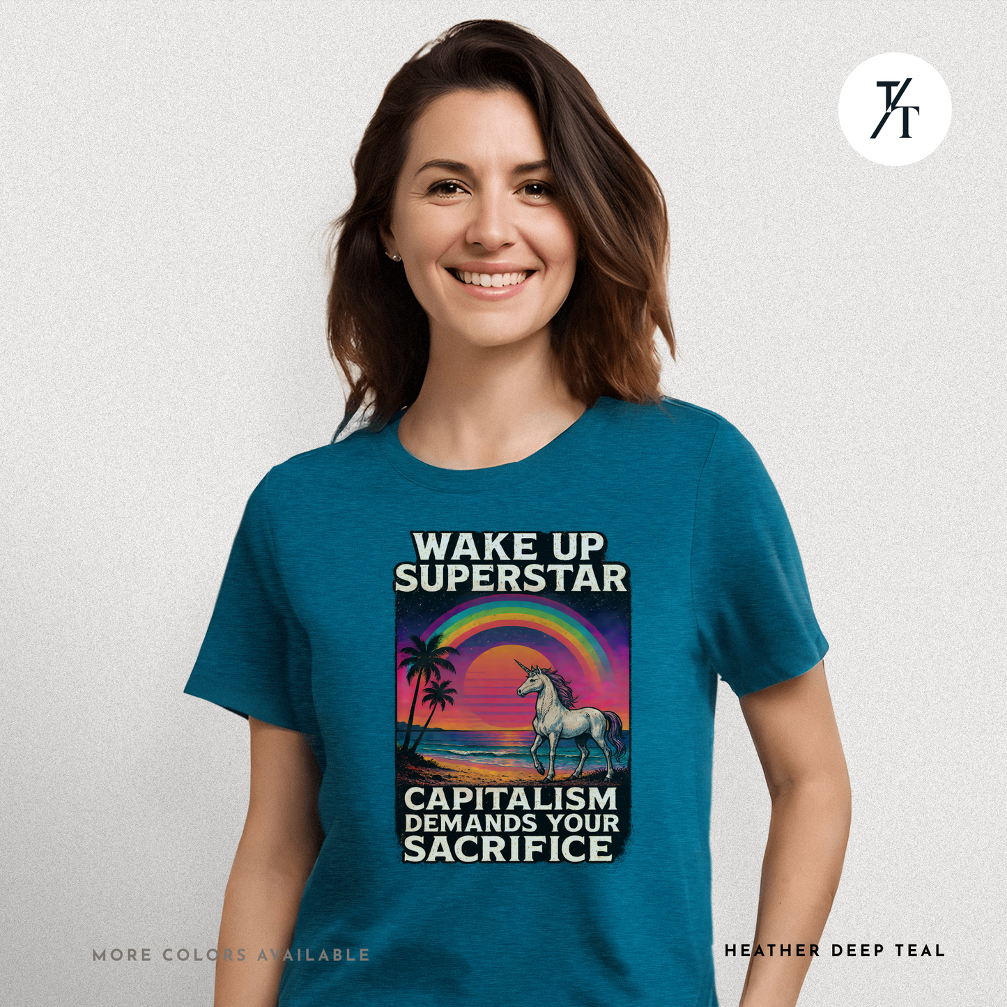 Capitalist Dreamscape: Retro Unicorn Beach, Satirical 80s Graphic Design- Graphic T-shirt