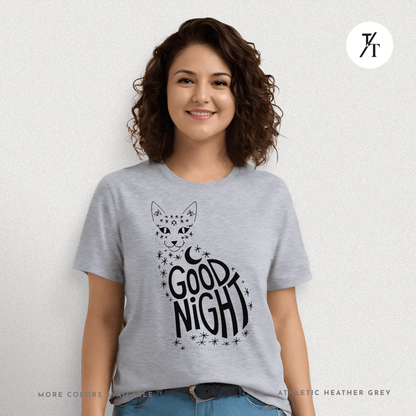 Goodnight Cat Tee – Minimalist Black Cat Moon Silhouette Shirt