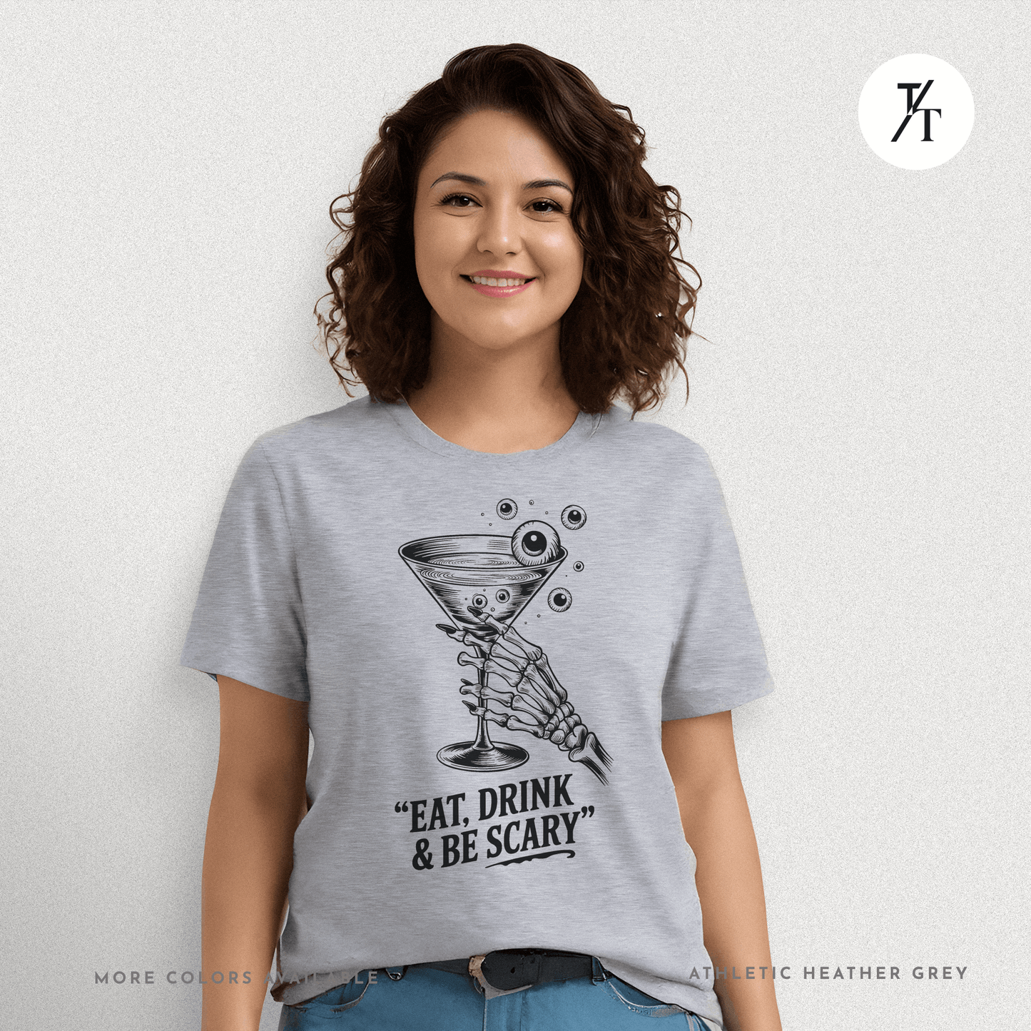 Eat, Drink & Be Scary Tee – Funny Skeleton Halloween Cocktail Shirt