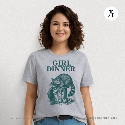 Girl Dinner: Raccoon Scavenging Trash, Vintage Woodcut Style Illustration, Teal and Black Contrast Artwork- Graphic T-shirt