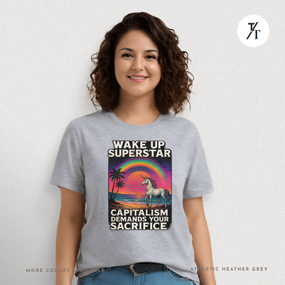 Capitalist Dreamscape: Retro Unicorn Beach, Satirical 80s Graphic Design- Graphic T-shirt