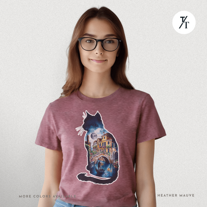 Moonlit Venice Cat Tee – Artistic Nightscape Silhouette Shirt