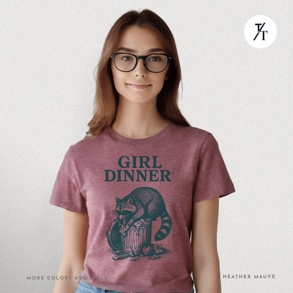 Girl Dinner: Raccoon Scavenging Trash, Vintage Woodcut Style Illustration, Teal and Black Contrast Artwork- Graphic T-shirt