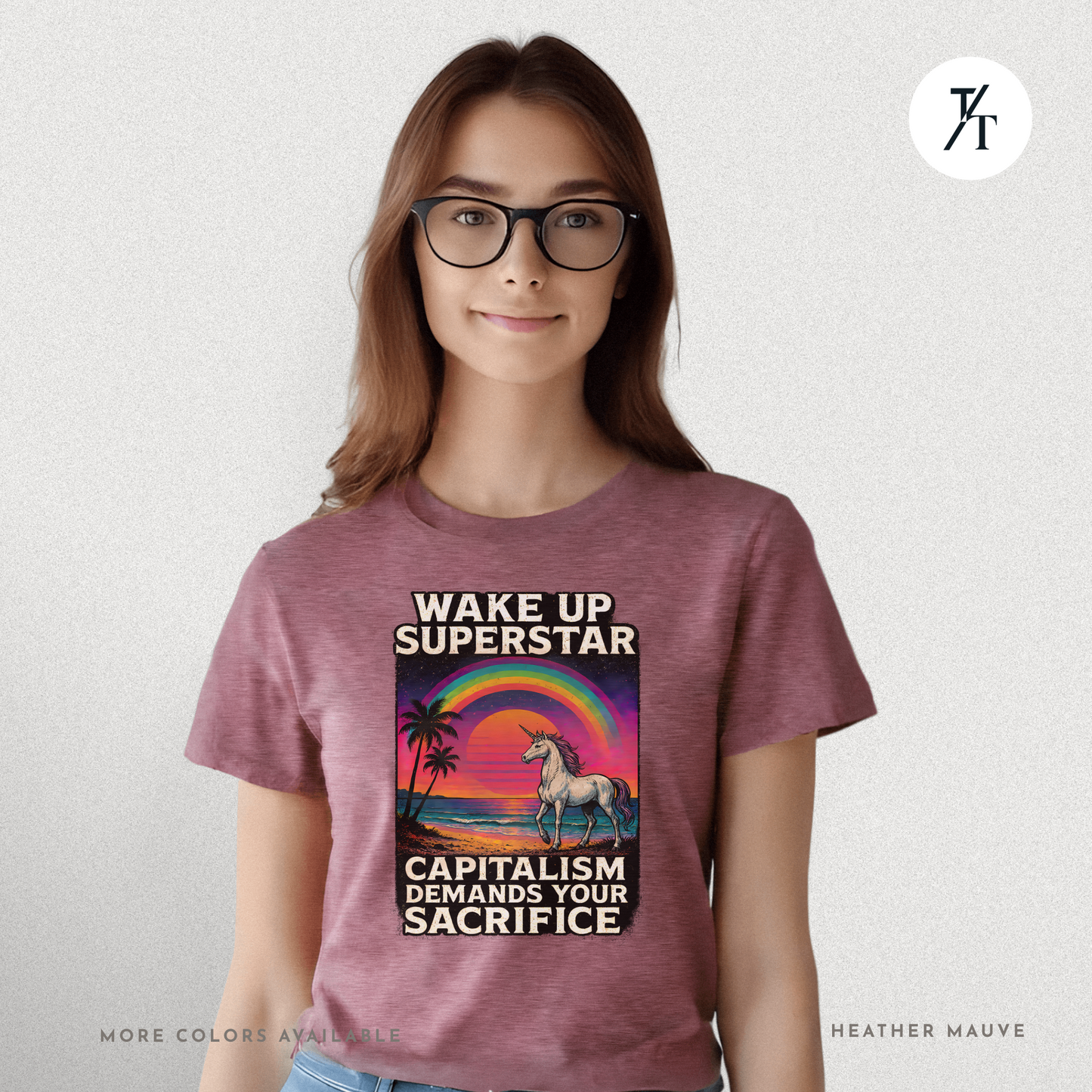 Capitalist Dreamscape: Retro Unicorn Beach, Satirical 80s Graphic Design- Graphic T-shirt