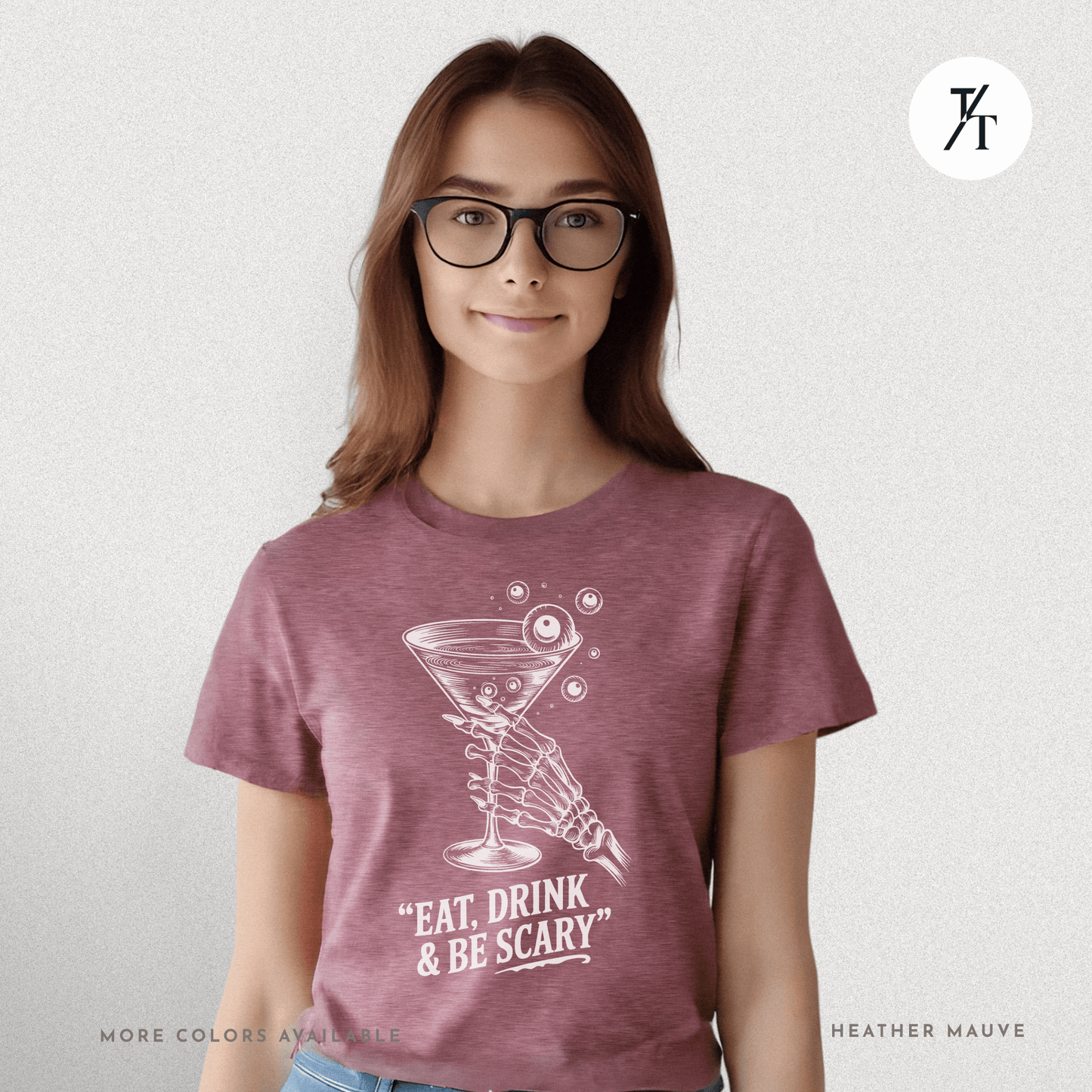 Eat, Drink & Be Scary Tee – Funny Skeleton Halloween Cocktail Shirt