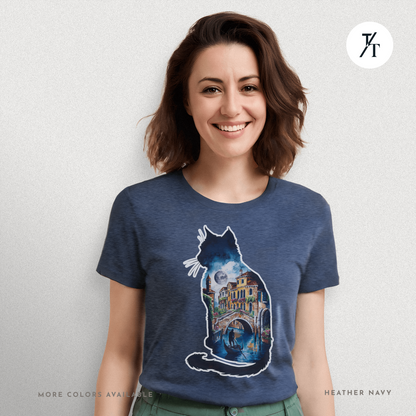 Moonlit Venice Cat Tee – Artistic Nightscape Silhouette Shirt