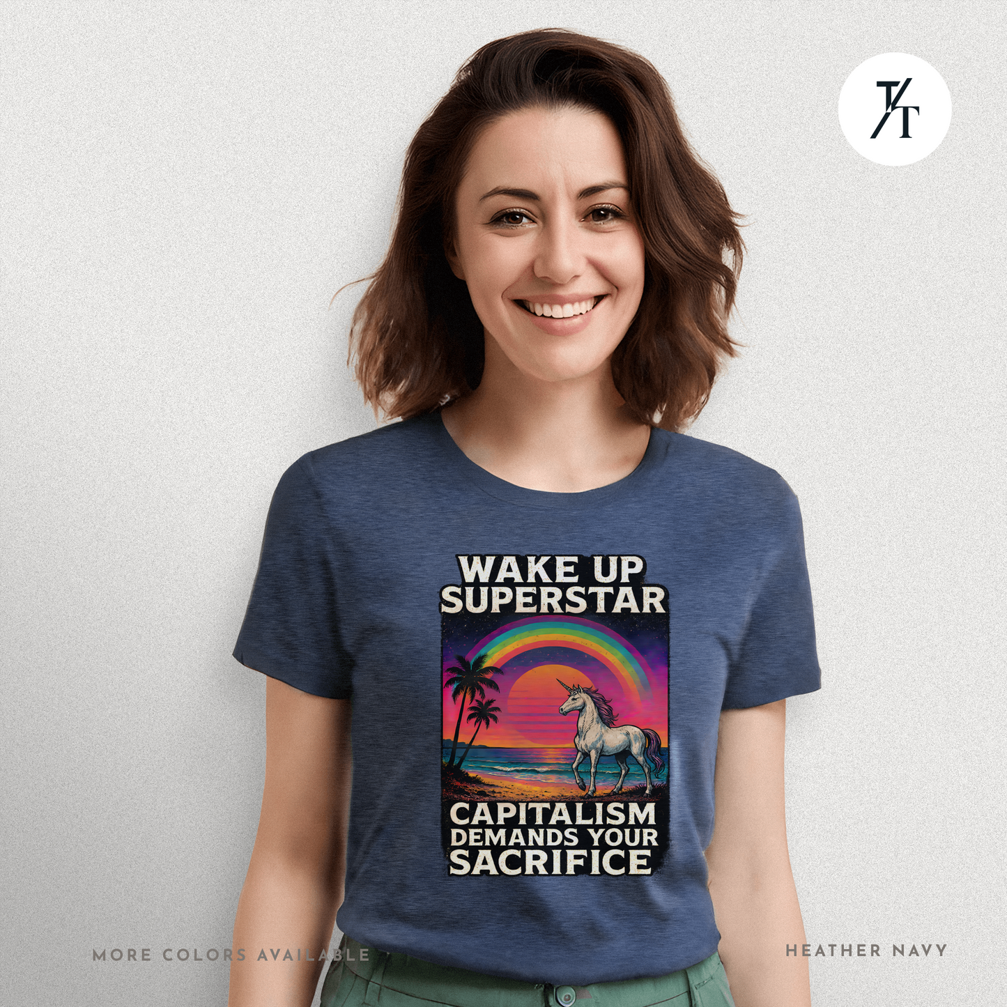 Capitalist Dreamscape: Retro Unicorn Beach, Satirical 80s Graphic Design- Graphic T-shirt