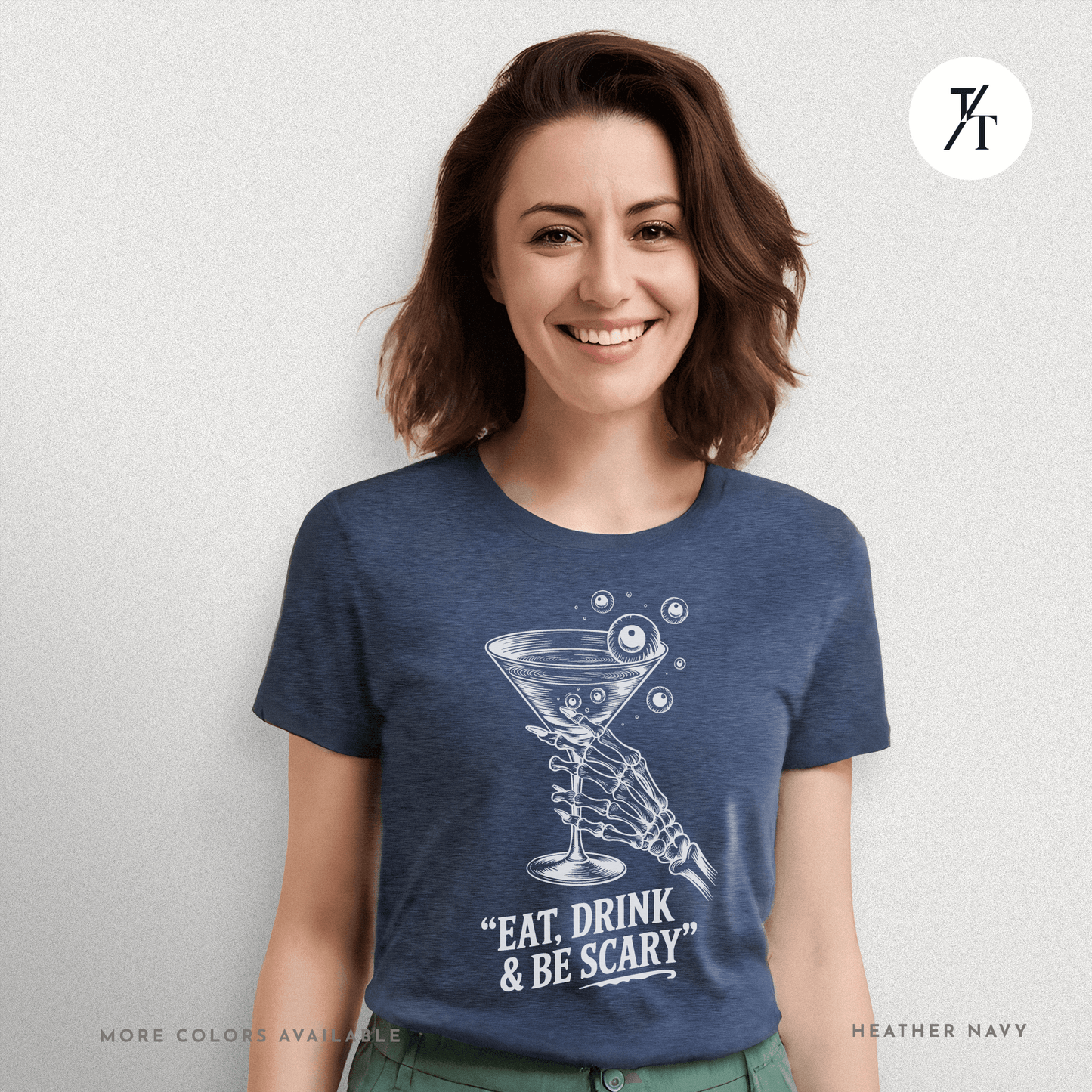 Eat, Drink & Be Scary Tee – Funny Skeleton Halloween Cocktail Shirt