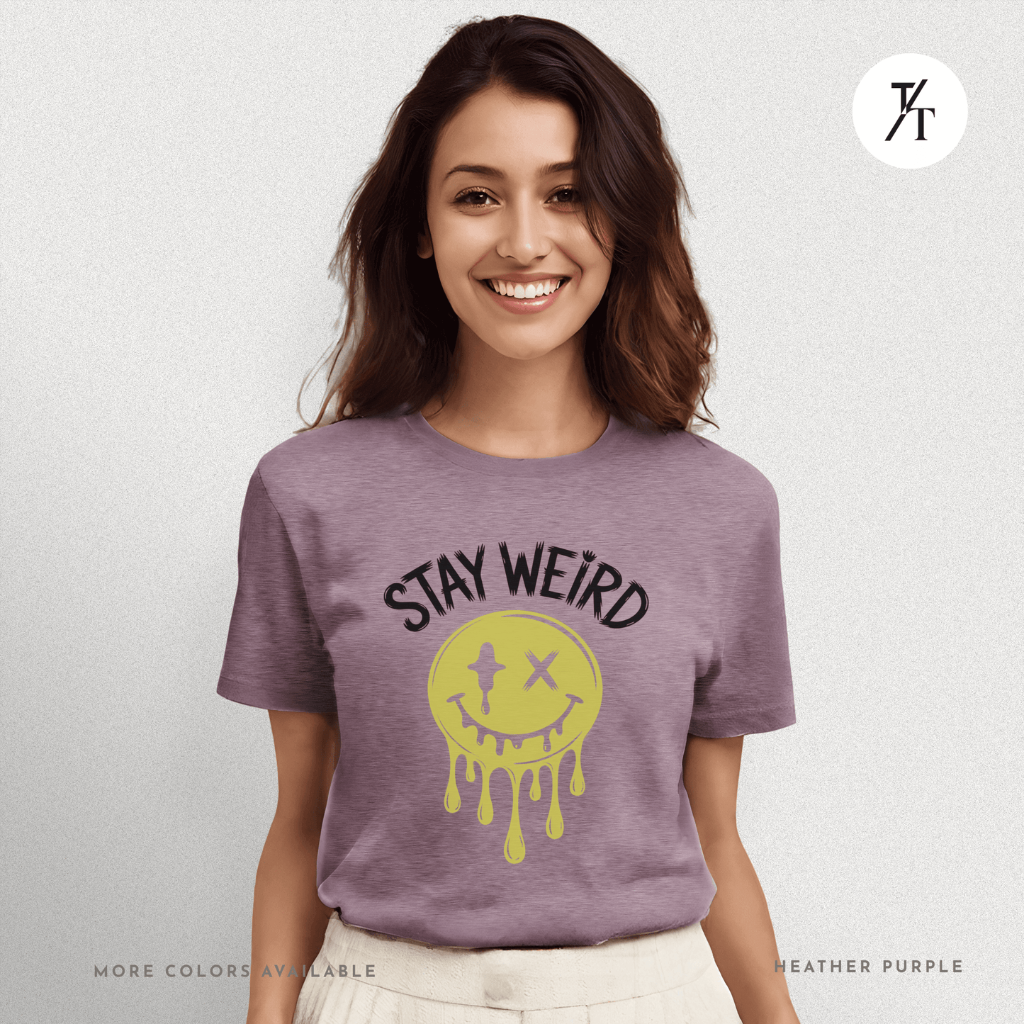 "Stay Weird" Drippy Face Tee, Melting Optimism: Distorted Smiley Face Graphic  Alt Vibe StatementT-shirt