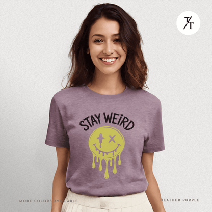 "Stay Weird" Drippy Face Tee, Melting Optimism: Distorted Smiley Face Graphic  Alt Vibe StatementT-shirt