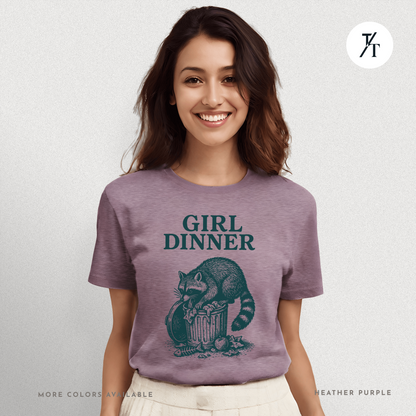 Girl Dinner: Raccoon Scavenging Trash, Vintage Woodcut Style Illustration, Teal and Black Contrast Artwork- Graphic T-shirt