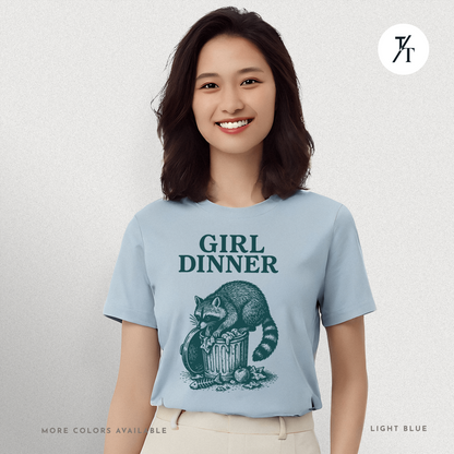 Girl Dinner: Raccoon Scavenging Trash, Vintage Woodcut Style Illustration, Teal and Black Contrast Artwork- Graphic T-shirt