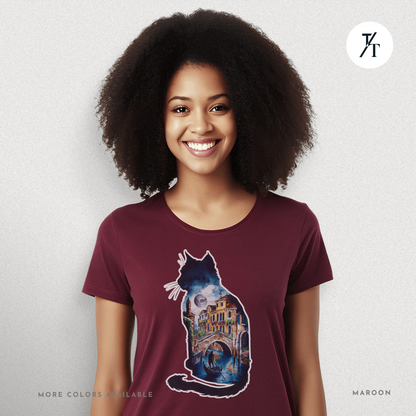 Moonlit Venice Cat Tee – Artistic Nightscape Silhouette Shirt