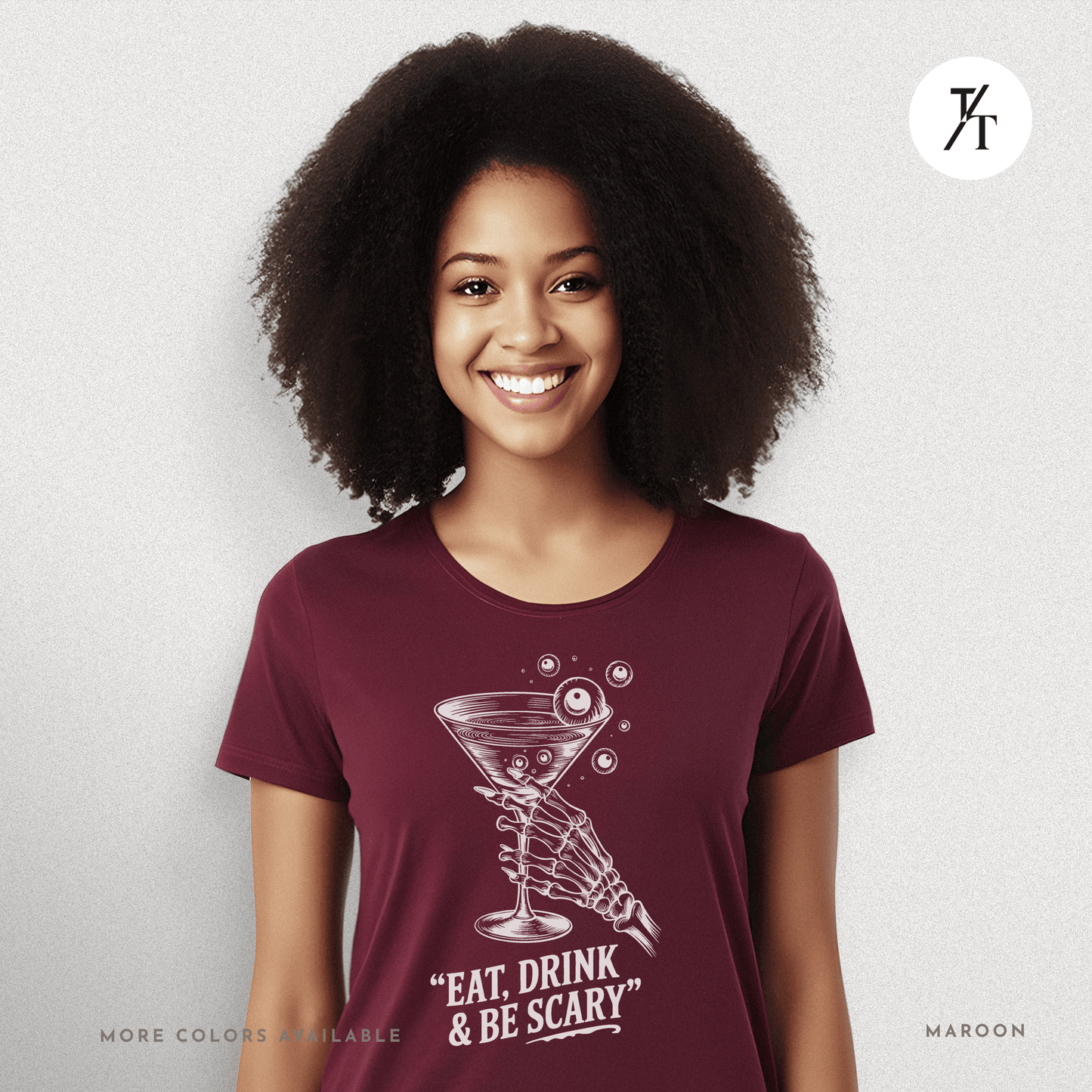 Eat, Drink & Be Scary Tee – Funny Skeleton Halloween Cocktail Shirt