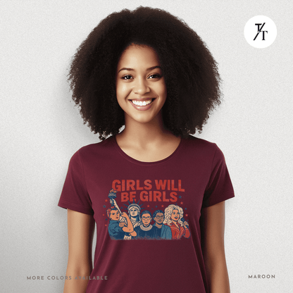 Girls Will Be Girls summer patriotic graphic tee – empowering retro feminist shirt 👊 for the 4th of July
