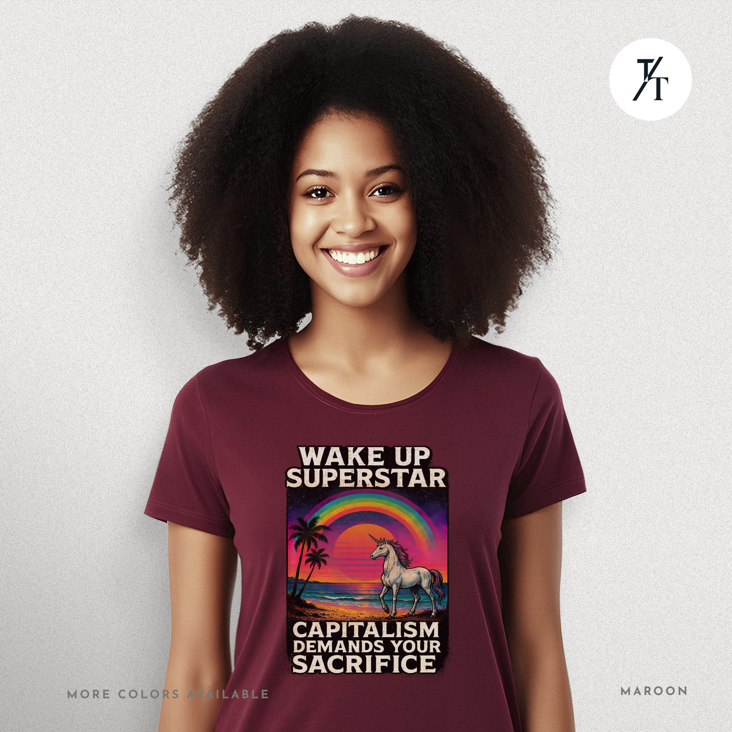 Capitalist Dreamscape: Retro Unicorn Beach, Satirical 80s Graphic Design- Graphic T-shirt