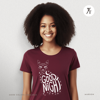 Goodnight Cat Tee – Minimalist Black Cat Moon Silhouette Shirt