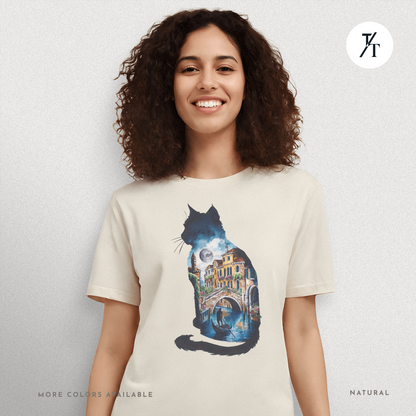 Moonlit Venice Cat Tee – Artistic Nightscape Silhouette Shirt