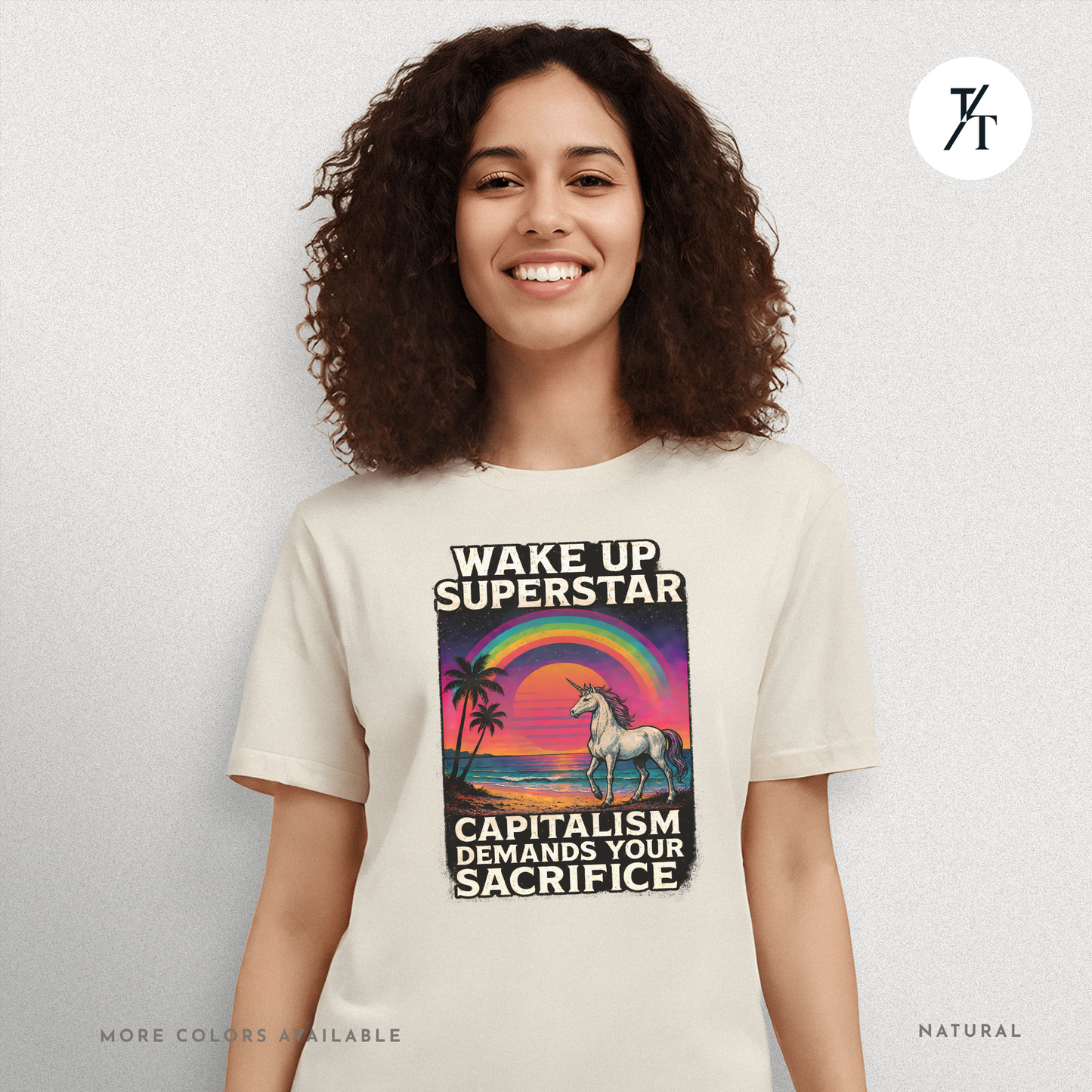 Capitalist Dreamscape: Retro Unicorn Beach, Satirical 80s Graphic Design- Graphic T-shirt