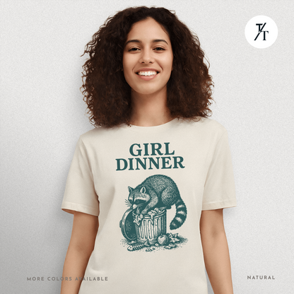 Girl Dinner: Raccoon Scavenging Trash, Vintage Woodcut Style Illustration, Teal and Black Contrast Artwork- Graphic T-shirt