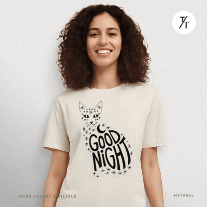 Goodnight Cat Tee – Minimalist Black Cat Moon Silhouette Shirt