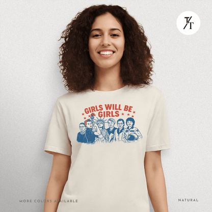 Girls Will Be Girls summer patriotic graphic tee – empowering retro feminist shirt 👊 for the 4th of July